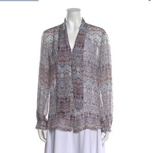 L'AGENCE Silk Tie Neck Blouse - Blue and Brown Pattern